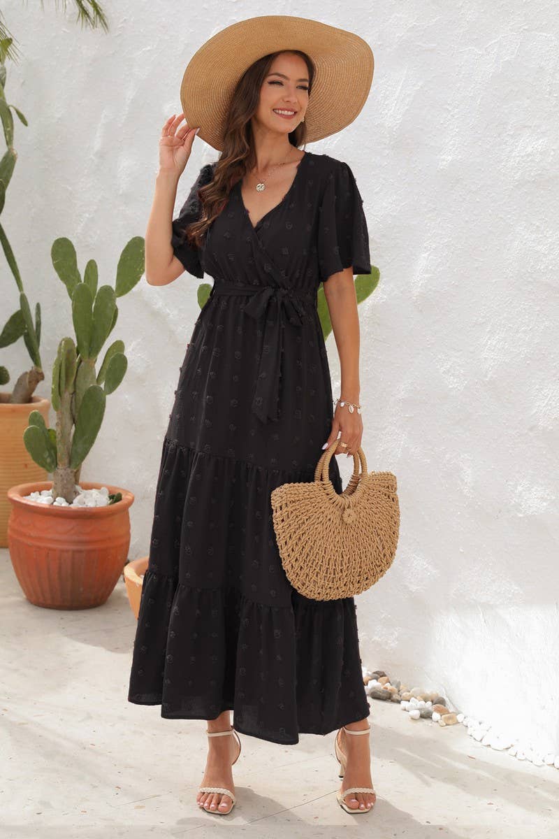 CWDMD2150_V NECK HIGH WAISTED SHORT SLEEVED LONG DRESS