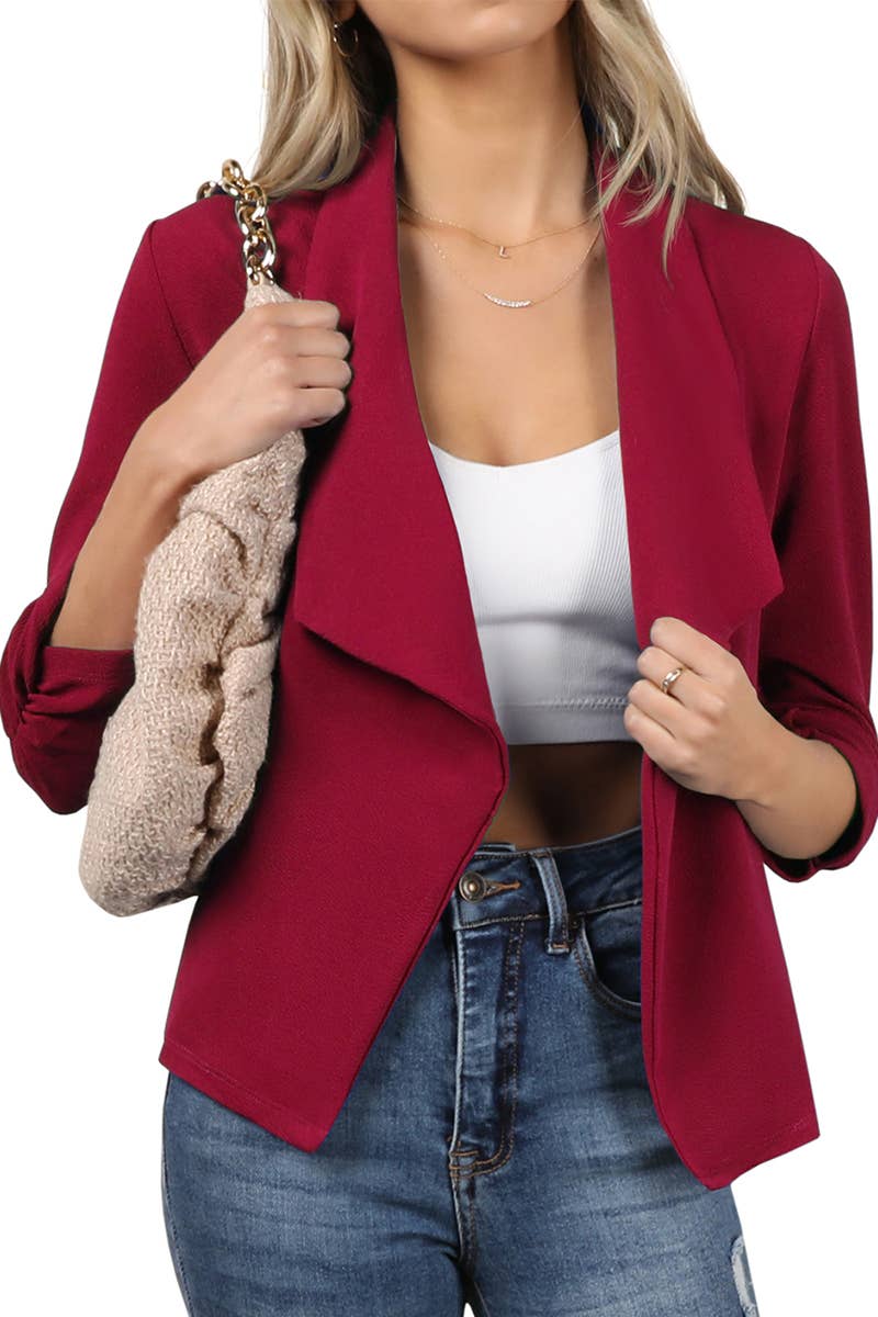 CWOBL091_Casual Work Ruched 3/4 Slv Open Front Blazer Jacket