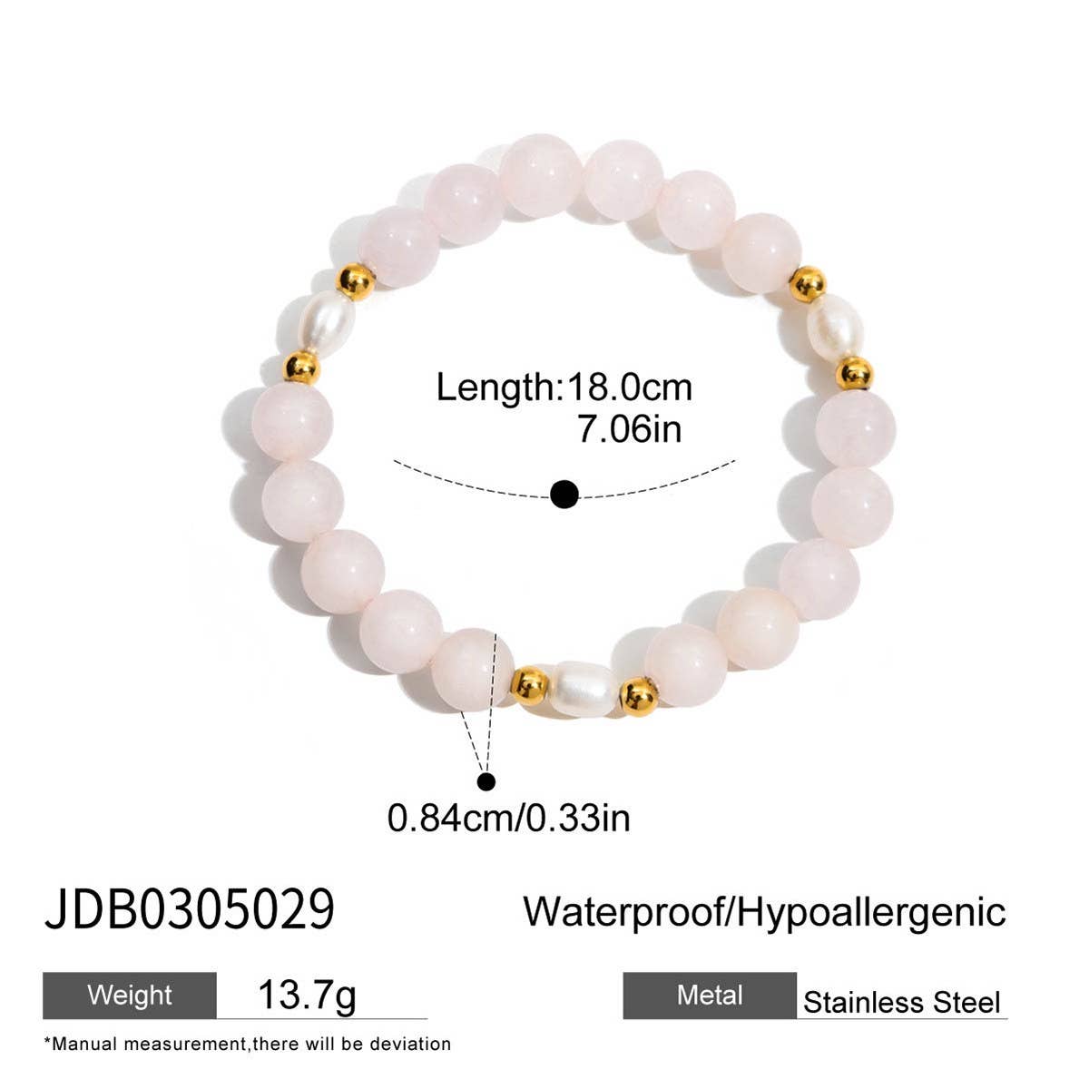 18K Gold Pink Quartz Pearl Steel Bead Bracelet_CWAJE4779