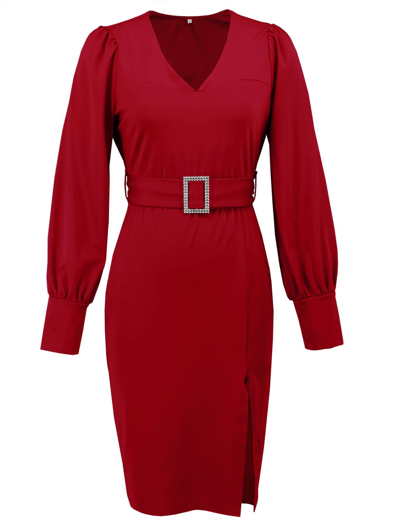 V-neck long-sleeved, belt-hugging knitted dress