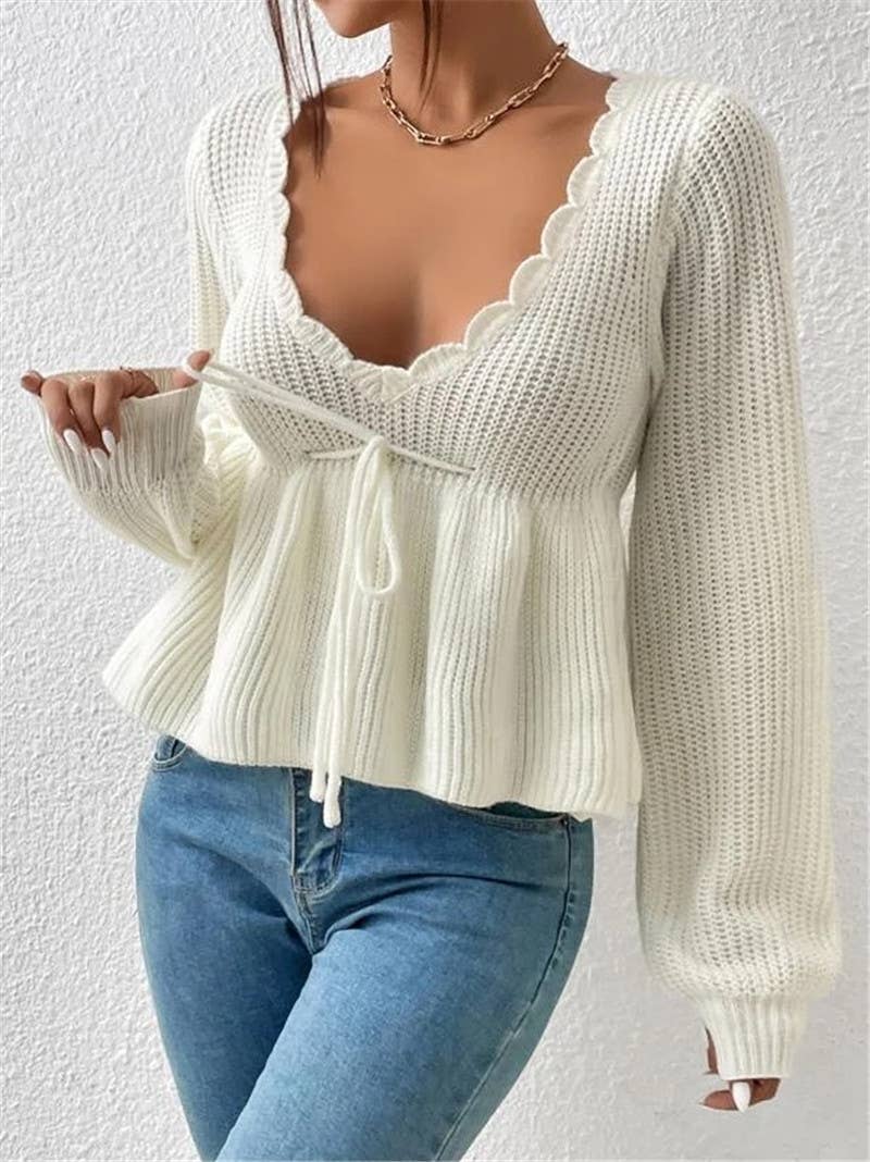 V-neck drawstring tie ruffled hem knit sweater