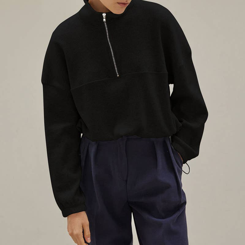 WAFFLE ZIP-UP POLO NECK PULLOVER HOODIE