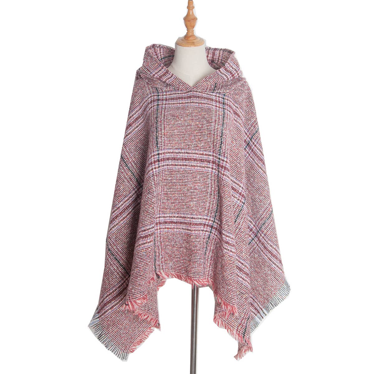 CIRCLE YARN FUR LARGE PLAID HOODED CAPE SHAWL