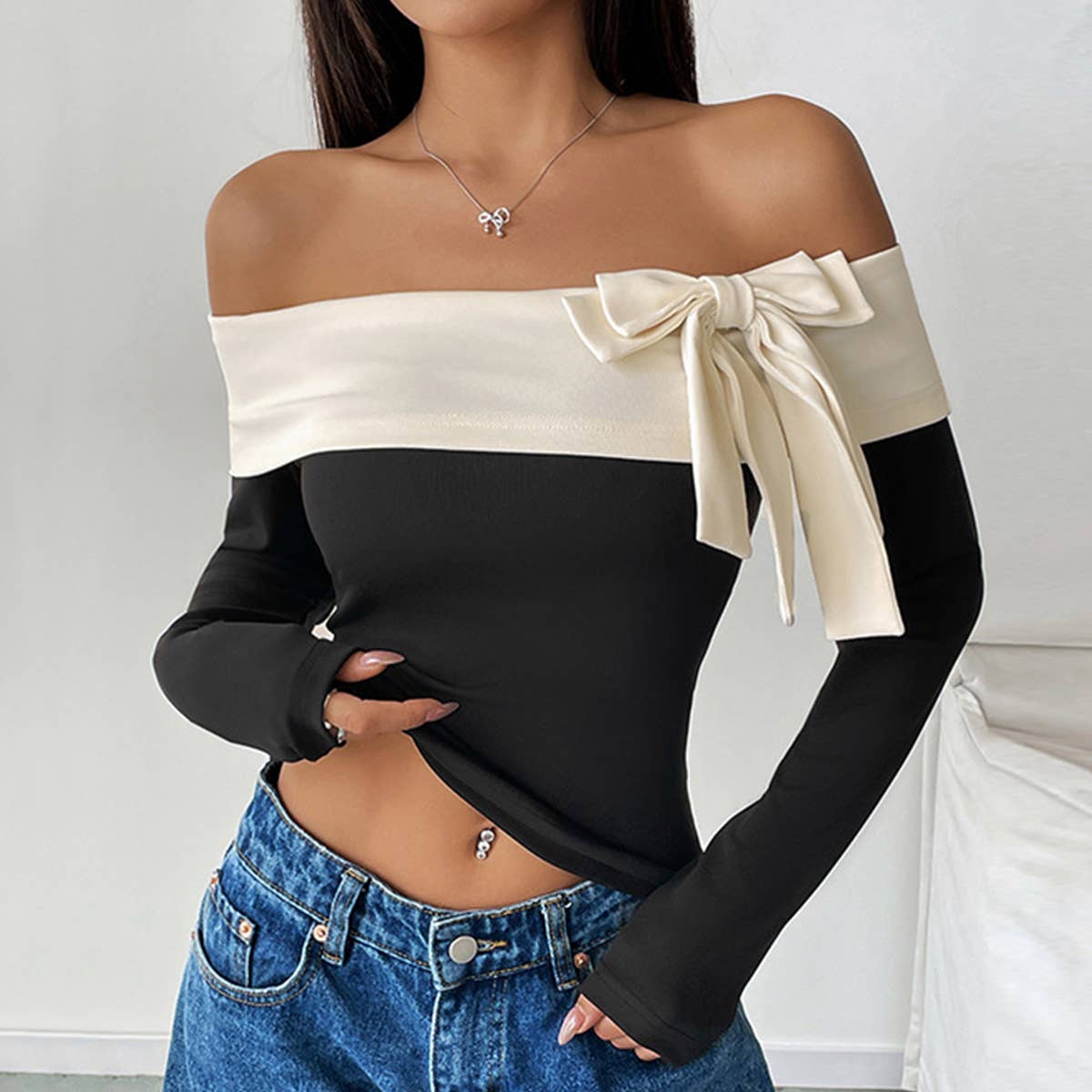 FASHION OFF-THE-SHOULDER BOW LONG-SLEEVED T-SHIRT