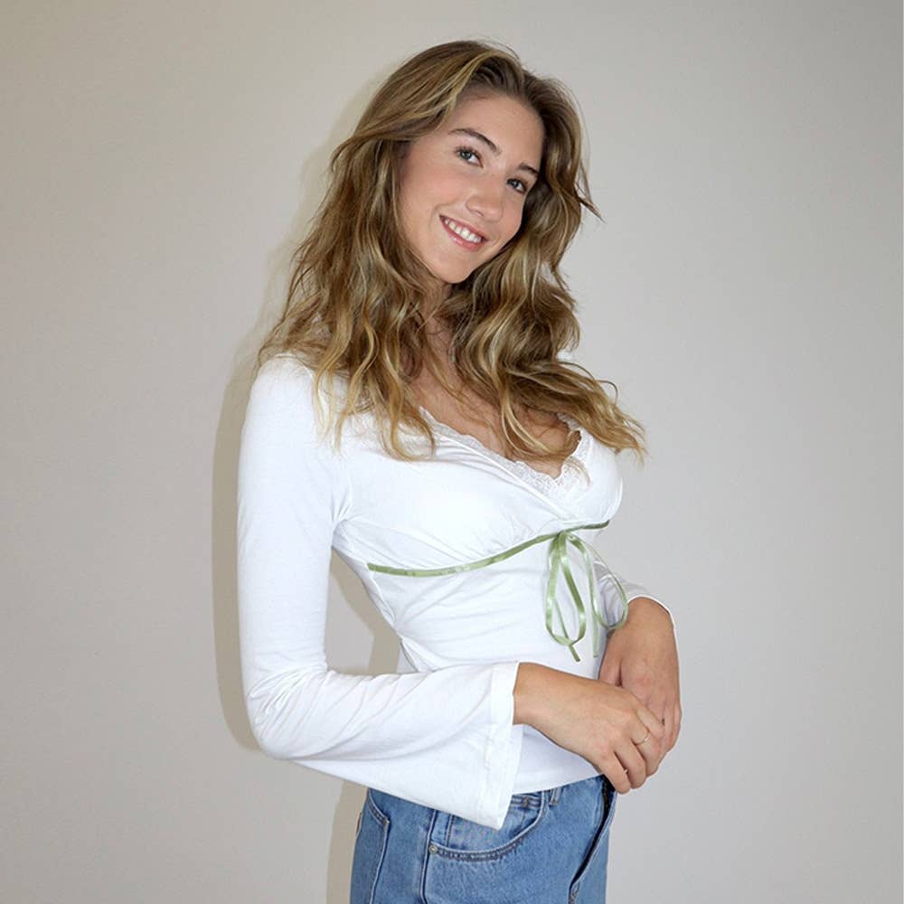 V-neck lace-trimmed bow sexy slimming T-shirt