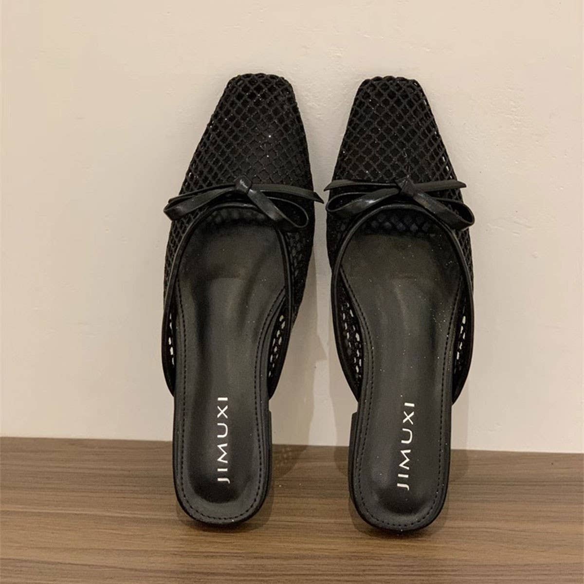 Mesh Bow Knit Mules Flat Ballet Slip-On Shoes