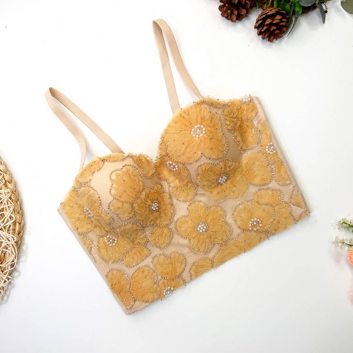 LACE EMBROIDERED FLOWER HERRINGBONE CORSET