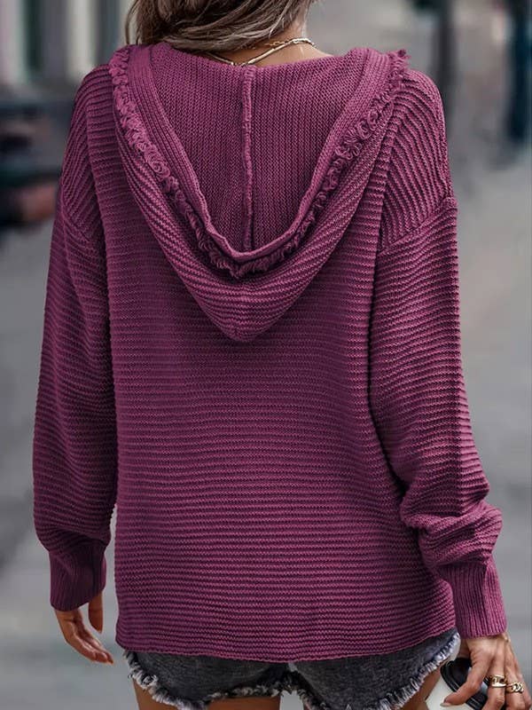 V-NECK LONG-SLEEVED KNIT HOODIE WITH RAW HEM