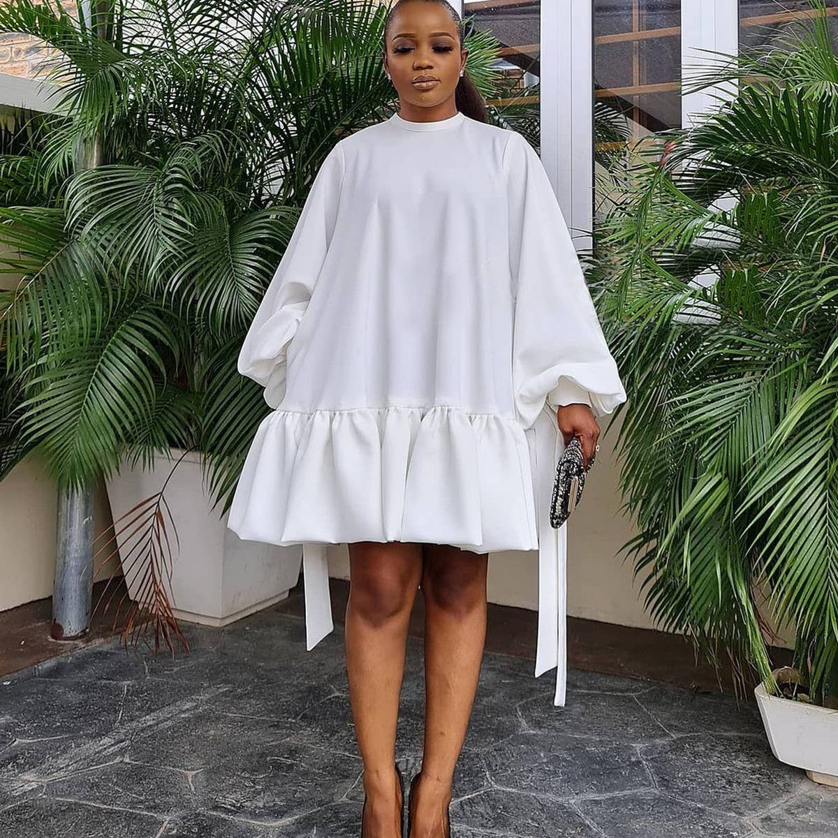 LOOSE SOLID COLOR PUFF SLEEVES PLUS SIZE DRESS