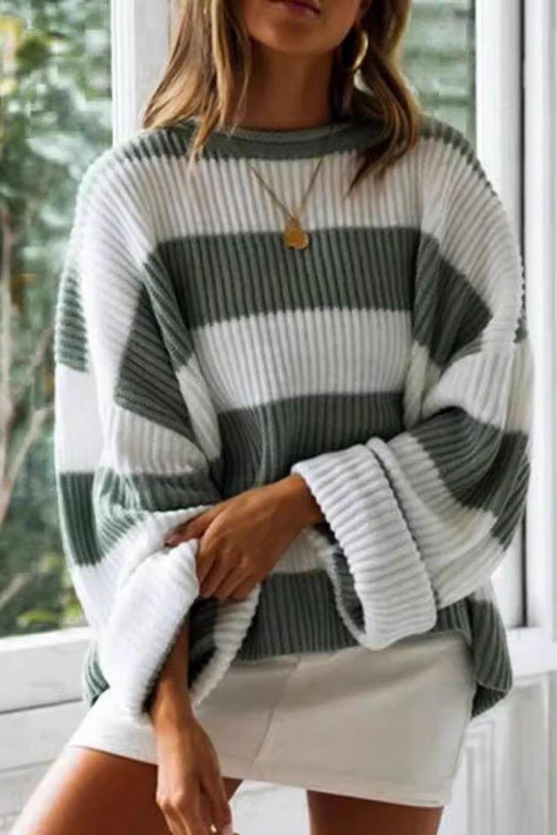 CWOSWL07625_RETRO COLORBLOCK STRIPED LOOSE KNIT SWEATER