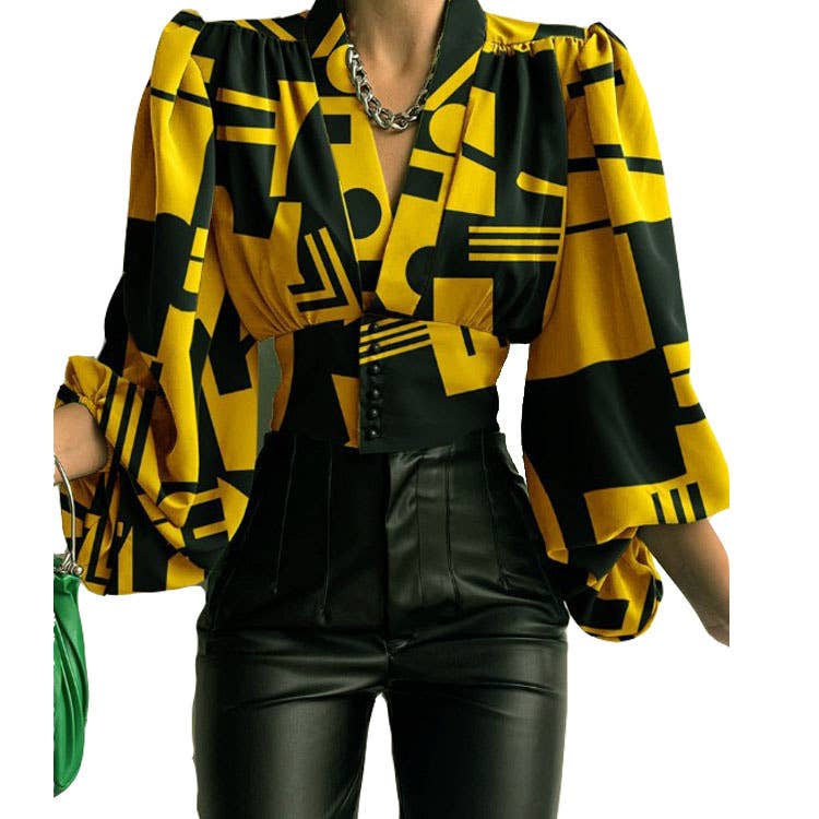 TEMPERAMENT BUTTON-DOWN LANTERN SLEEVE SHIRT