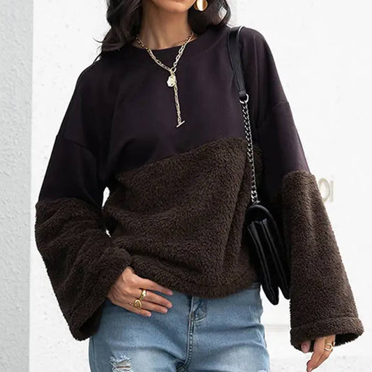 SIMPLE PATCHWORK LOOSE THERMAL HOODIE