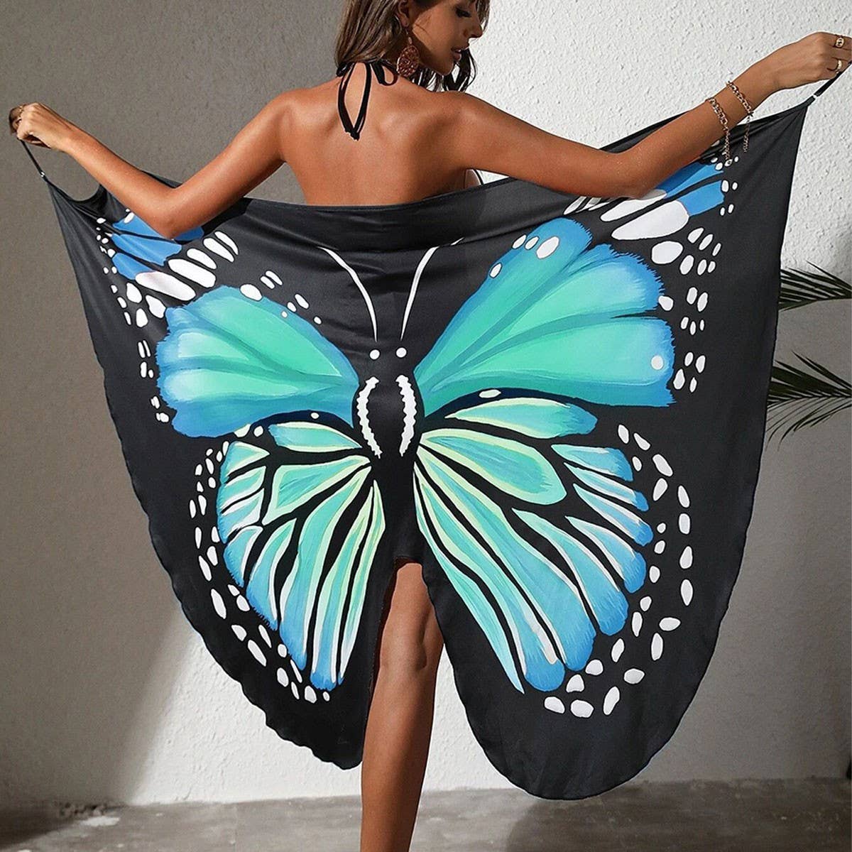 3D Butterfly Print Beach Dress, Sling Resort Style_CWBLS0459