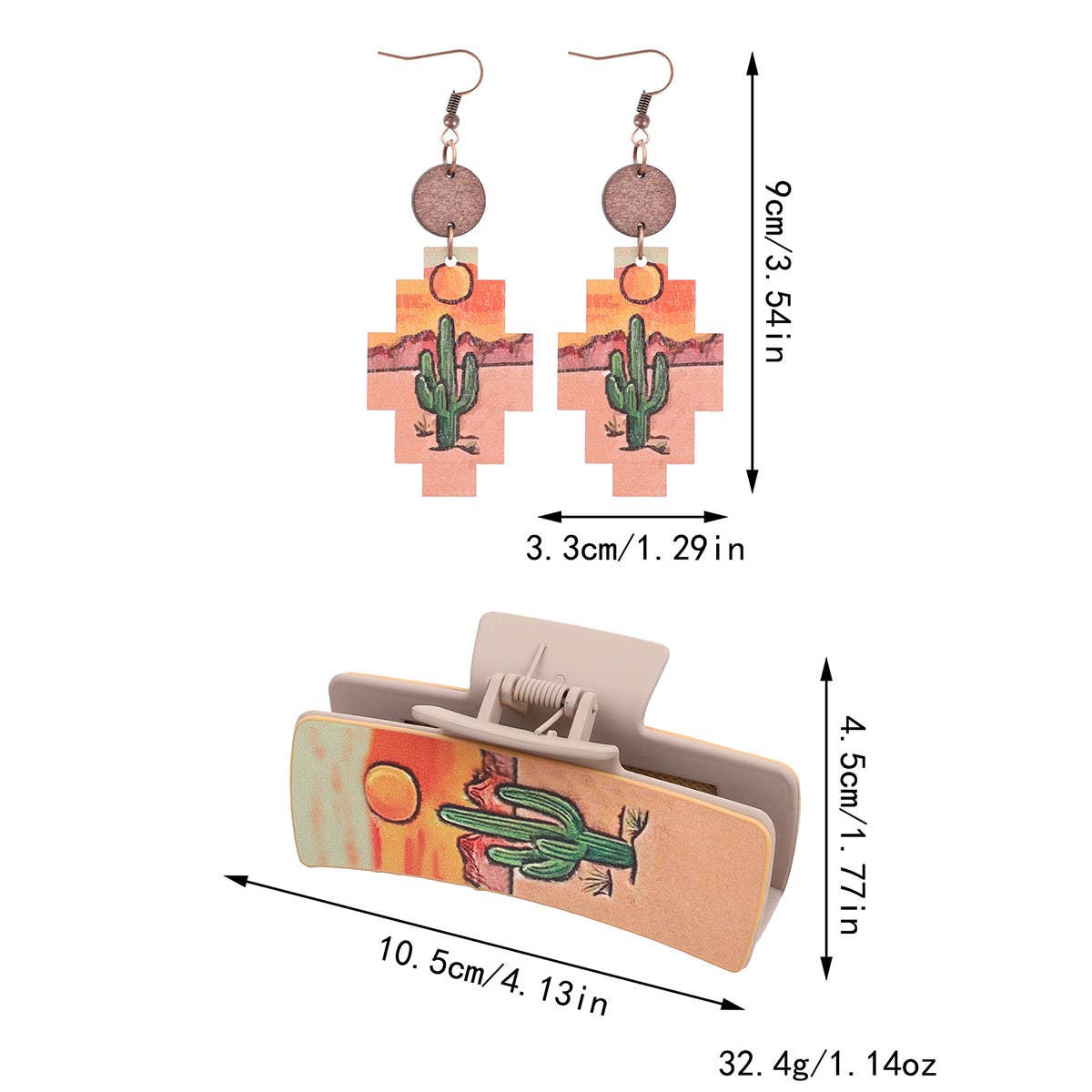 WESTERN CACTUS LEATHER HAIR CLAW CLIPS EARRING SET_CWAHA0589