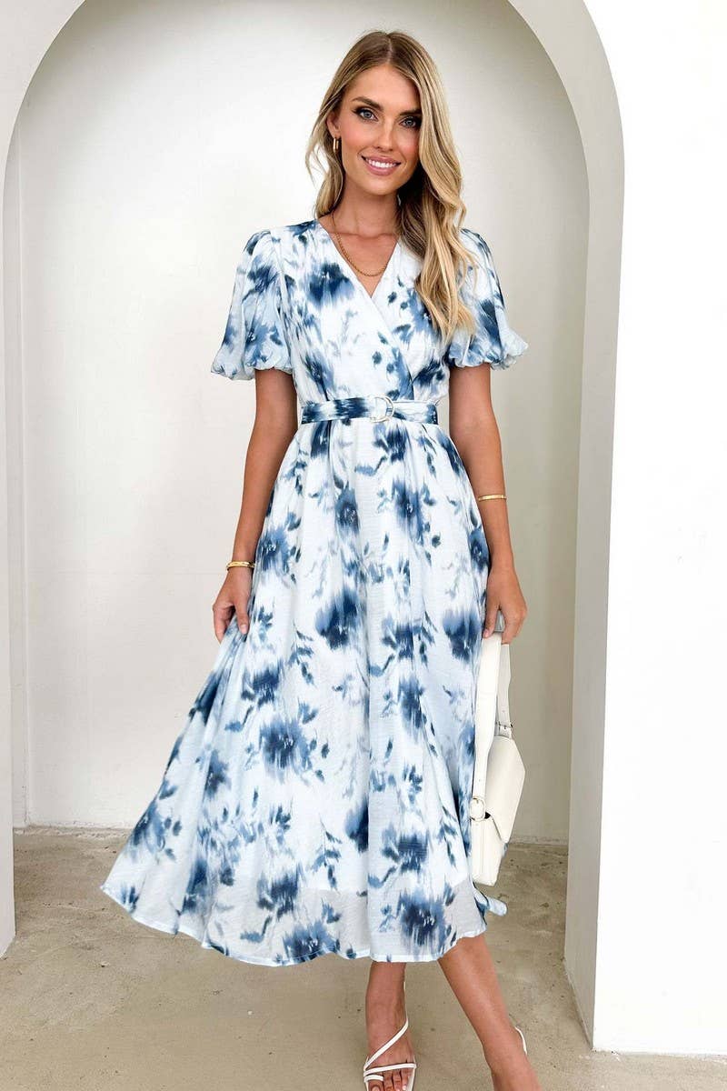 CWDMD5557_ELEGANT V-NECK PUFF SLEEVE FLORAL DRESS