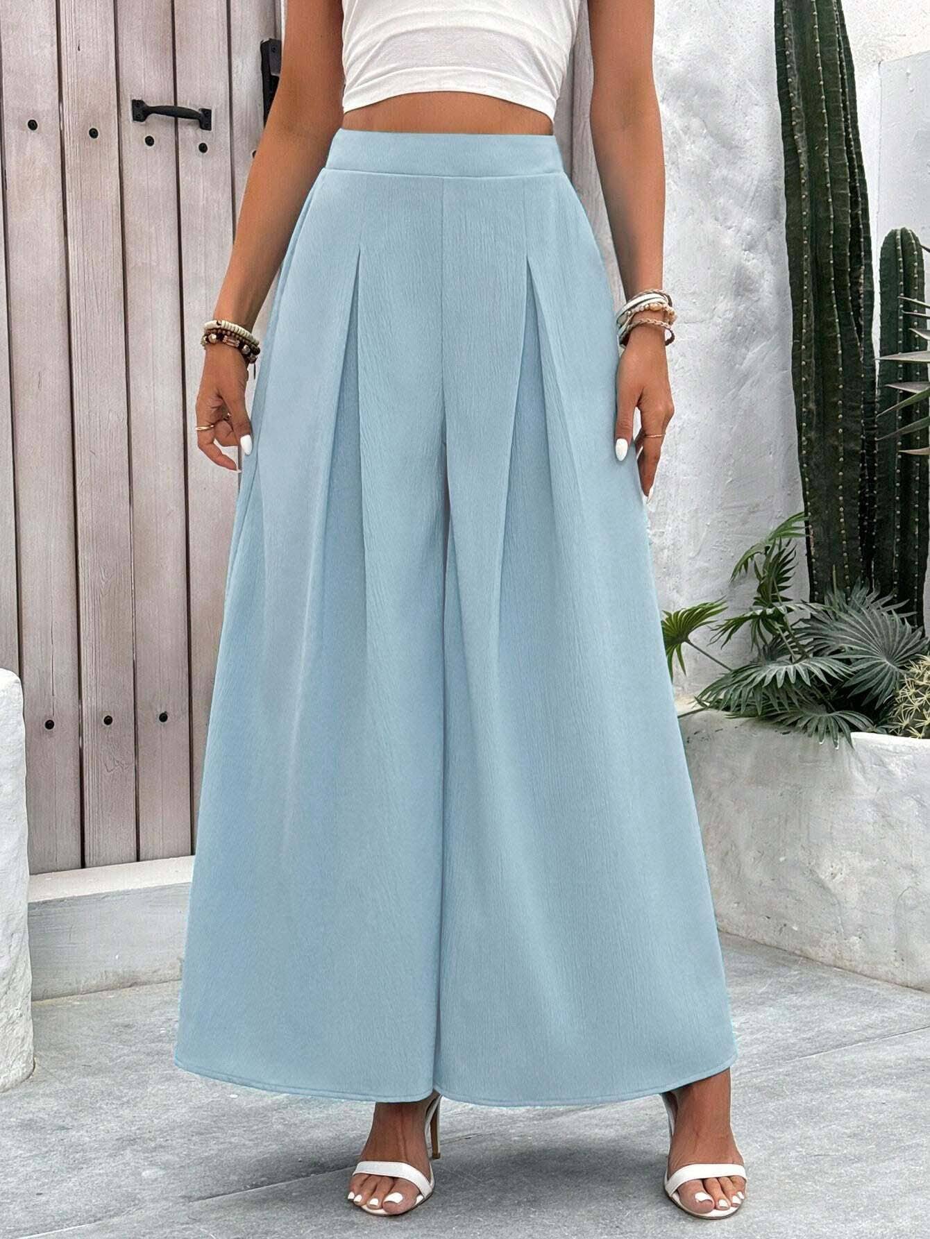 WOVEN ELASTIC WAIST PLEATED SLIMMING SLACKS