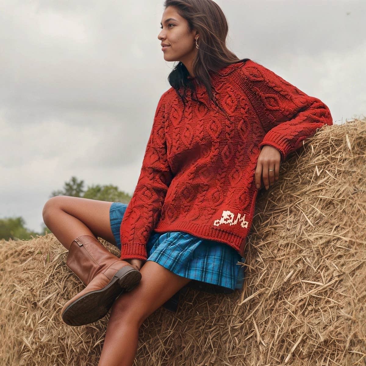 Twist round neck long sleeve knit loose sweater