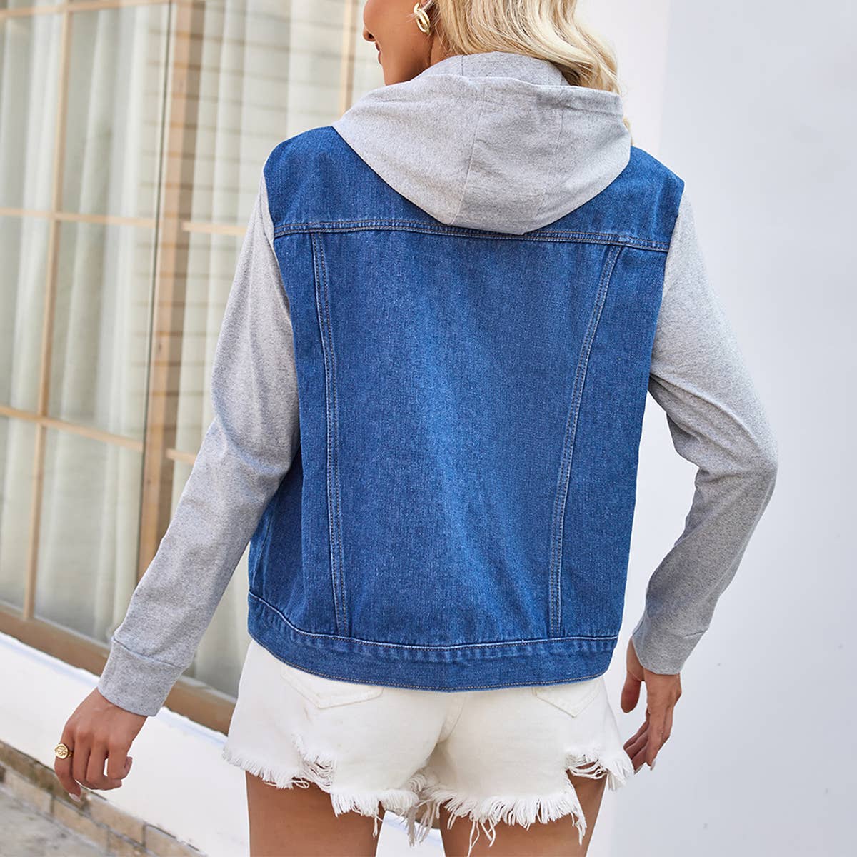 Washed Patchwork Long Sleeve Denim Jacket