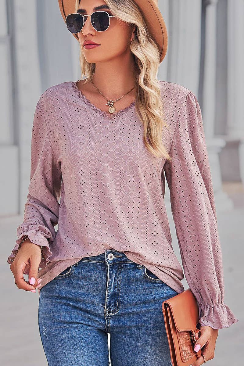 WOMEN LACE TRIM NECK EYELET LONG SLEEVE SHIRT TOP_CWTSTL0301