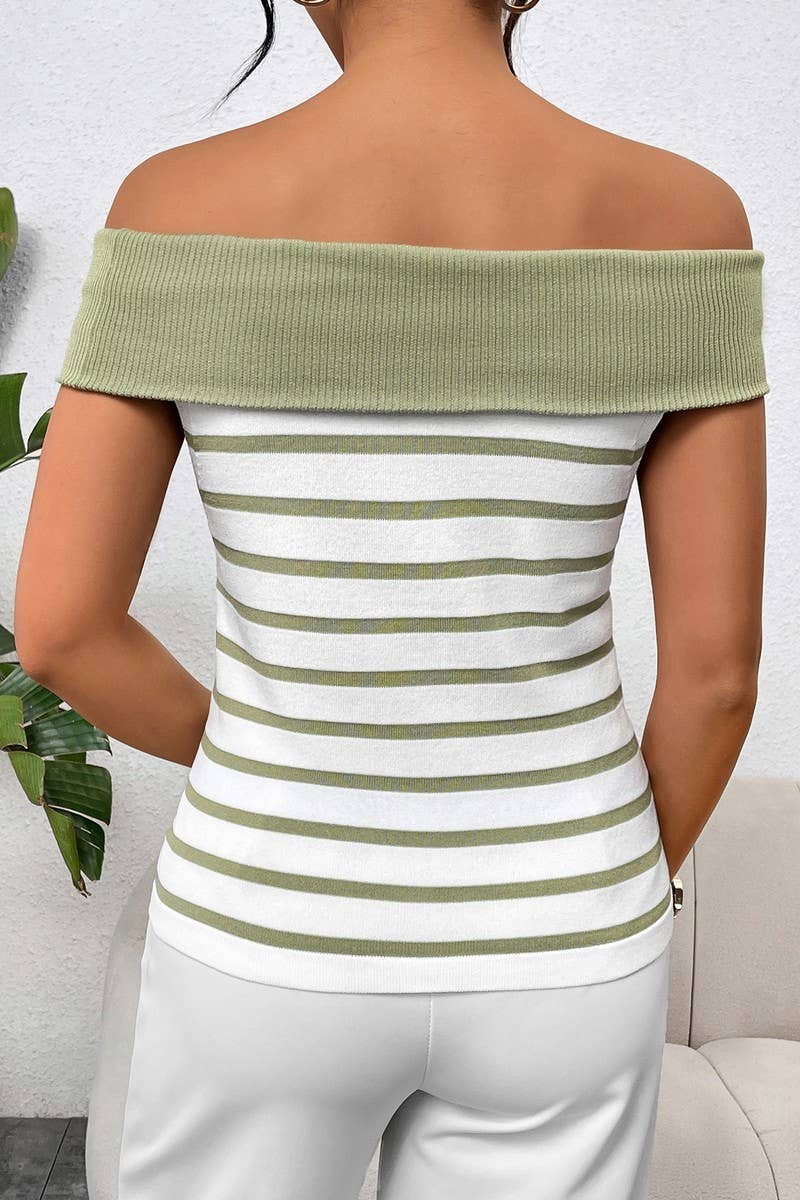 STRIPED OFF THE SHOULDER LINE NECK SWEATER_CWOSWS0056