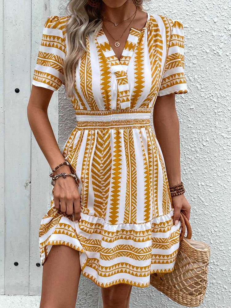 V-NECK WAIST BOHO CROPPED DRESS