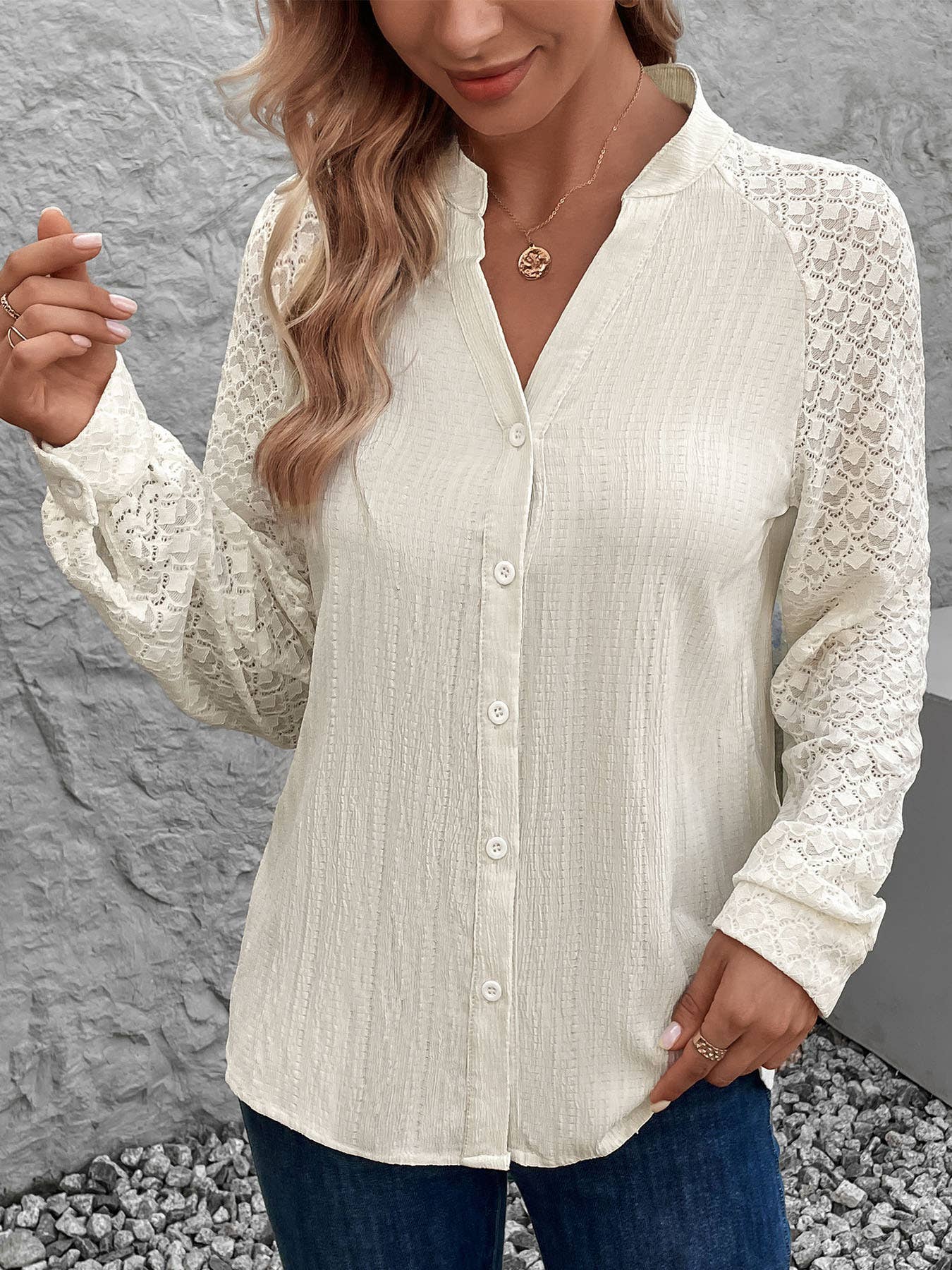 Lace patchwork texture stand-up collar shirt