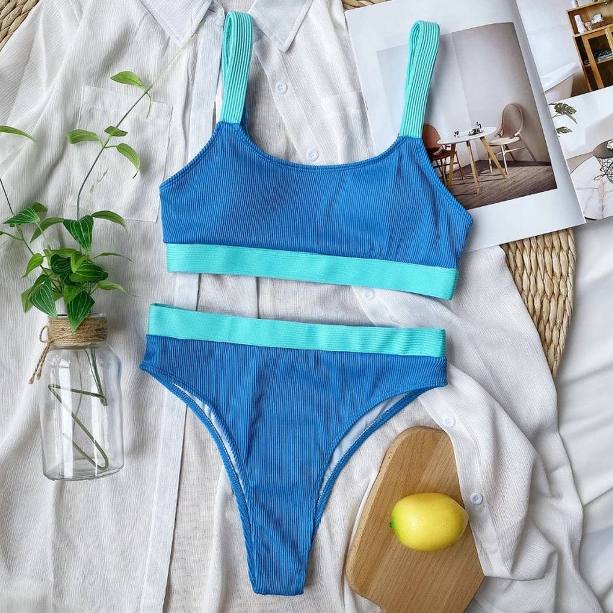 High Waist Bikini Set - Solid Color Women Swimsuit