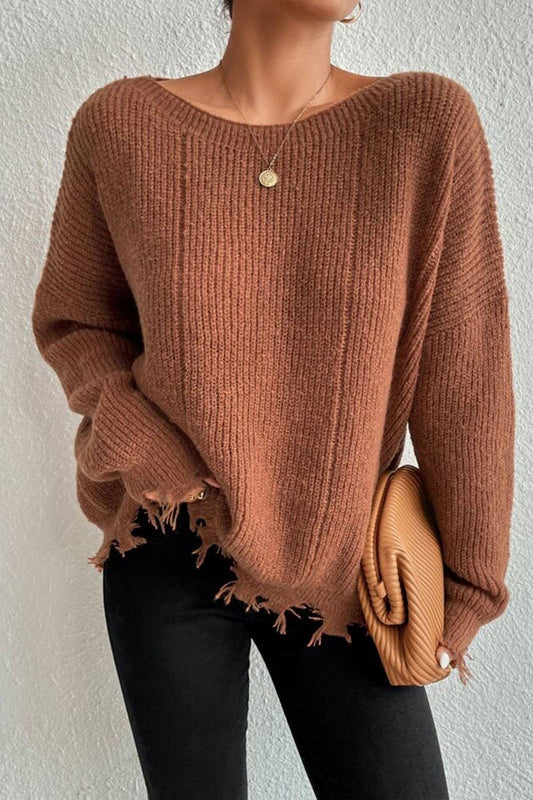 CWOSWL07632_LOOSE-FITTING DISTRESSED RAW-EDGE KNIT TOP