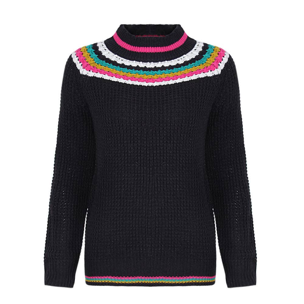 STRIPED CONTRAST COLOR CREW NECK PULLOVER SWEATER