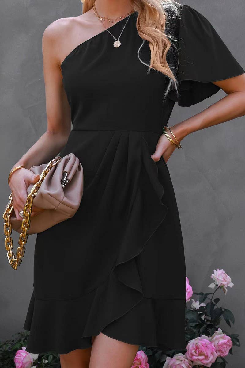 CWDSD7942_ASYMMETRICAL ONE SLEEVE RUFFLED HIGH WAIST DRESS