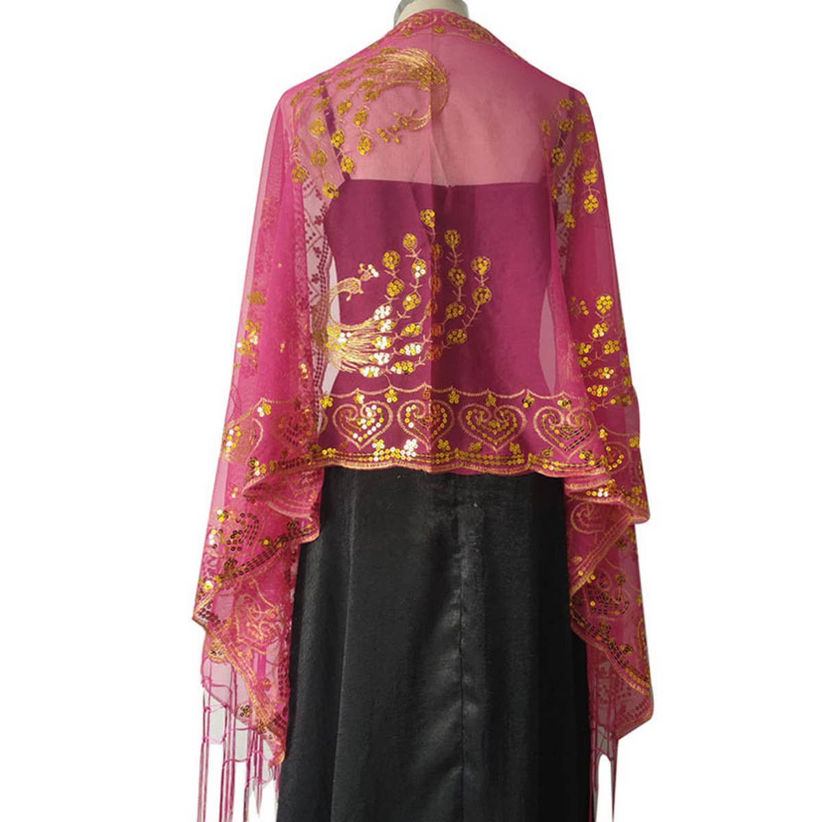 PEACOCK EMBROIDERED SEQUINED TASSEL CAPE_CWASC1077