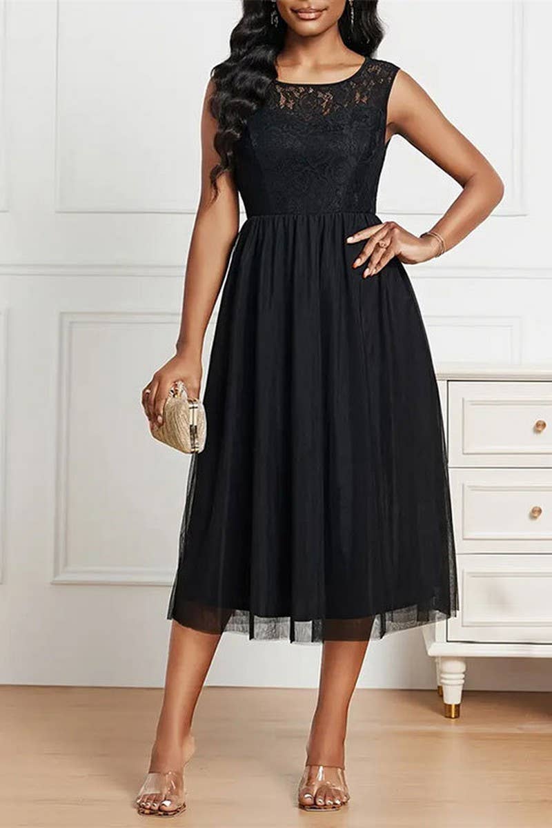 CWDSD7644_SPRING AND SUMMER LACE MESH SPLICING DRESS