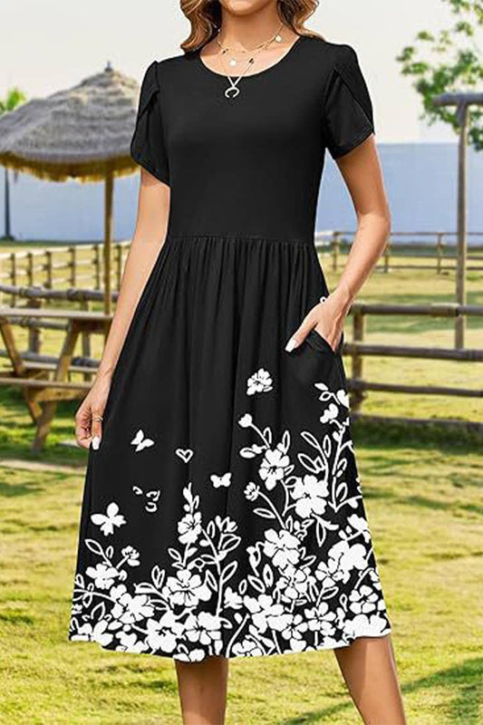 CWDMD6365_ROUND NECK PETAL SLEEVES MIDI PRINT DRESS