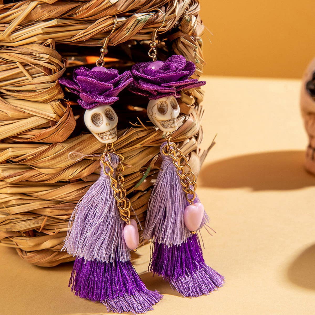HALLOWEEN SKULL TASSEL RICE BEAD EARRINGS
