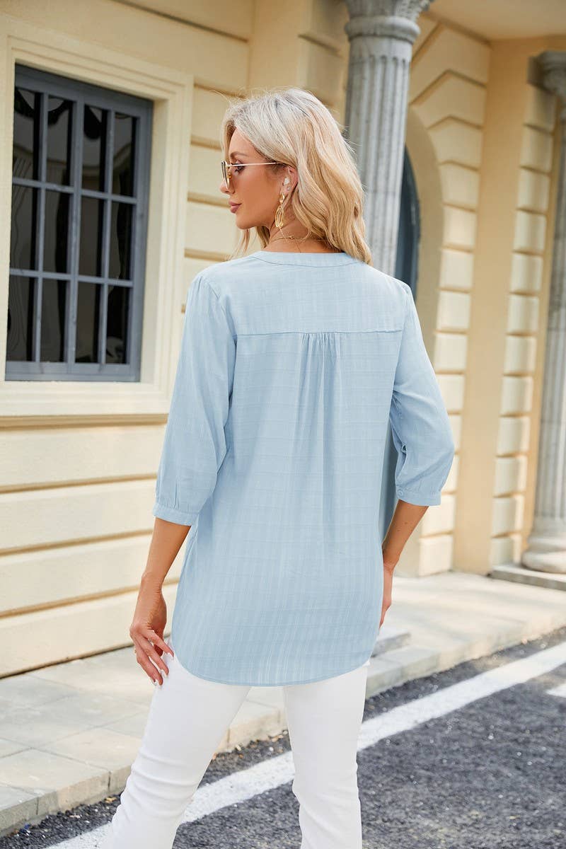 V NECK BUTTON UP T SHIRT_CWTSTS0283