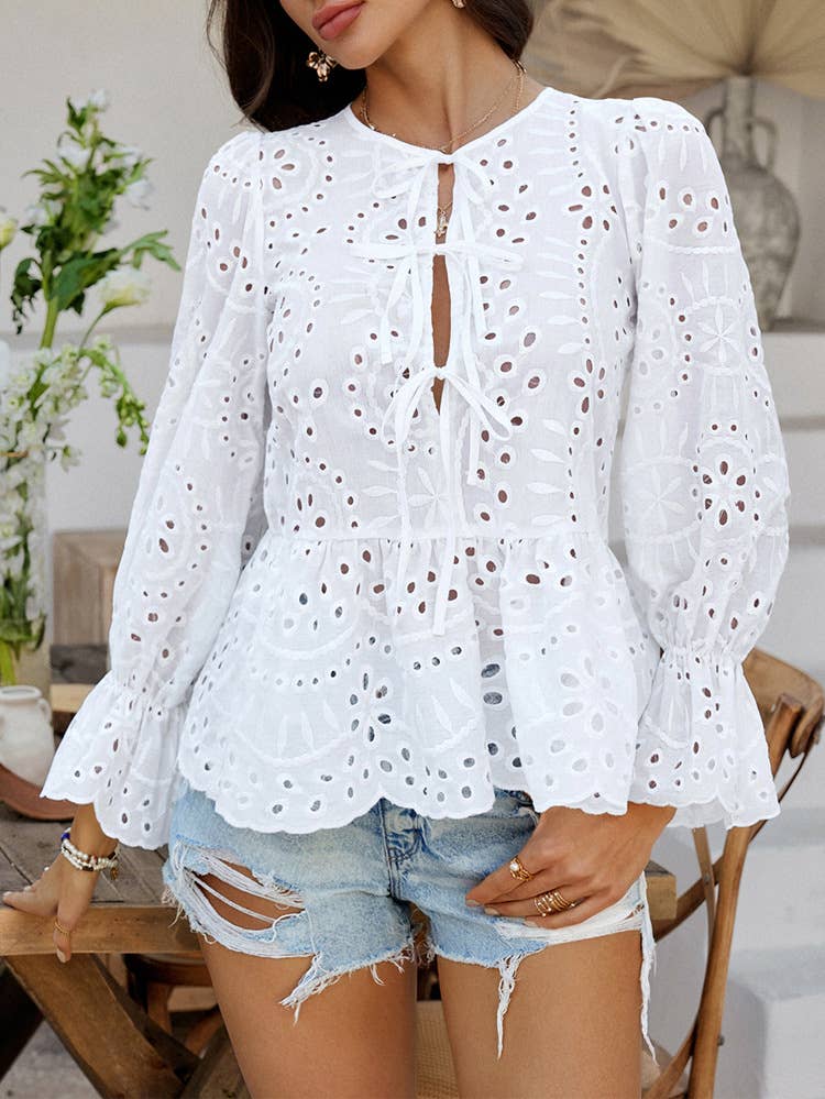 Solid color hollow leisure loose lace-up cardigan