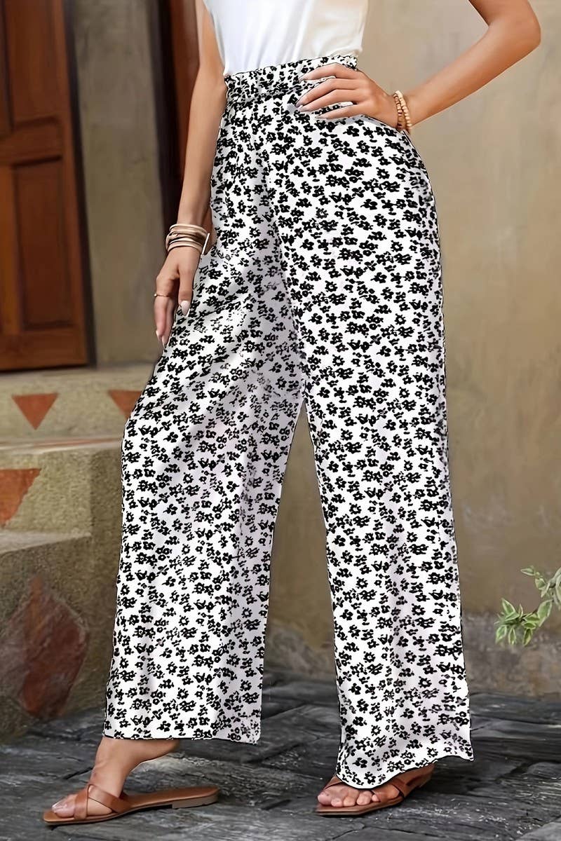 CWBLP1128_HIGH-WAISTED FLORAL LOOSE WIDE-LEG PANTS