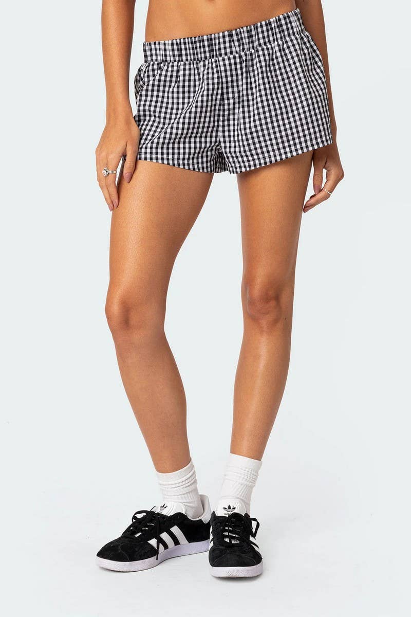 CWBSP0424_ELASTIC WAIST LOOSE PLAID BEACH SHORTS