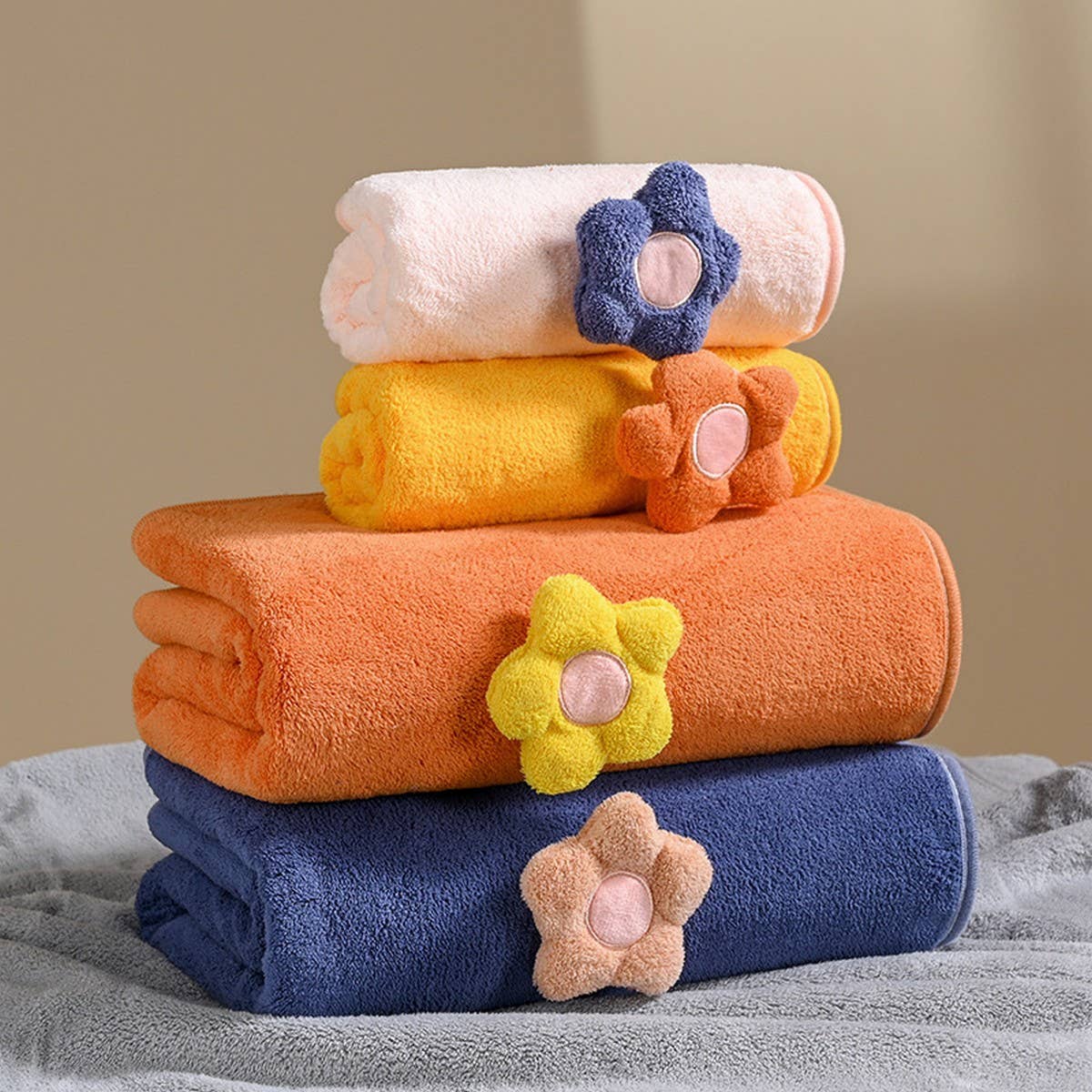CORAL FLEECE FLOWER SQUARE TOWEL BATH TOWEL SET