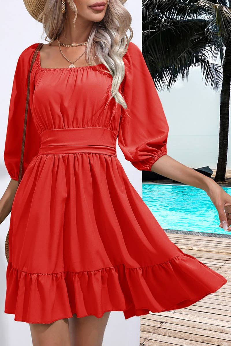 CWDSD7390_SUMMER RUFFLED SQUARE NECK TIE SHORT DRESS