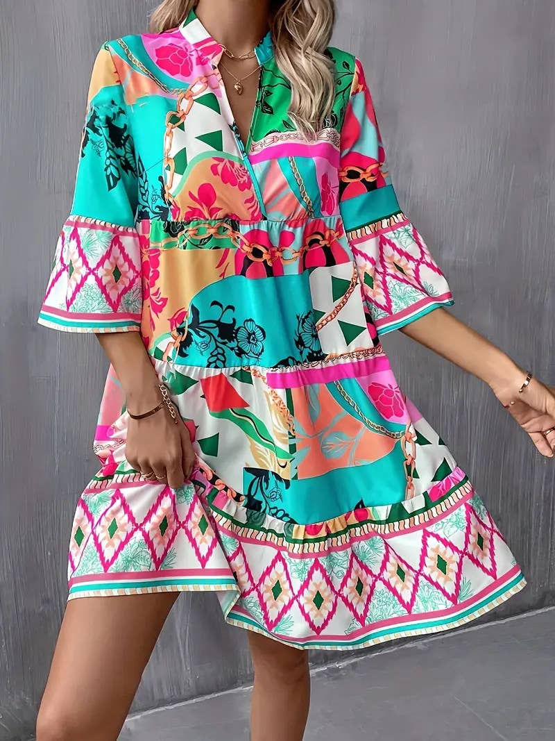 Abstract printed flared sleeve ruffled dress