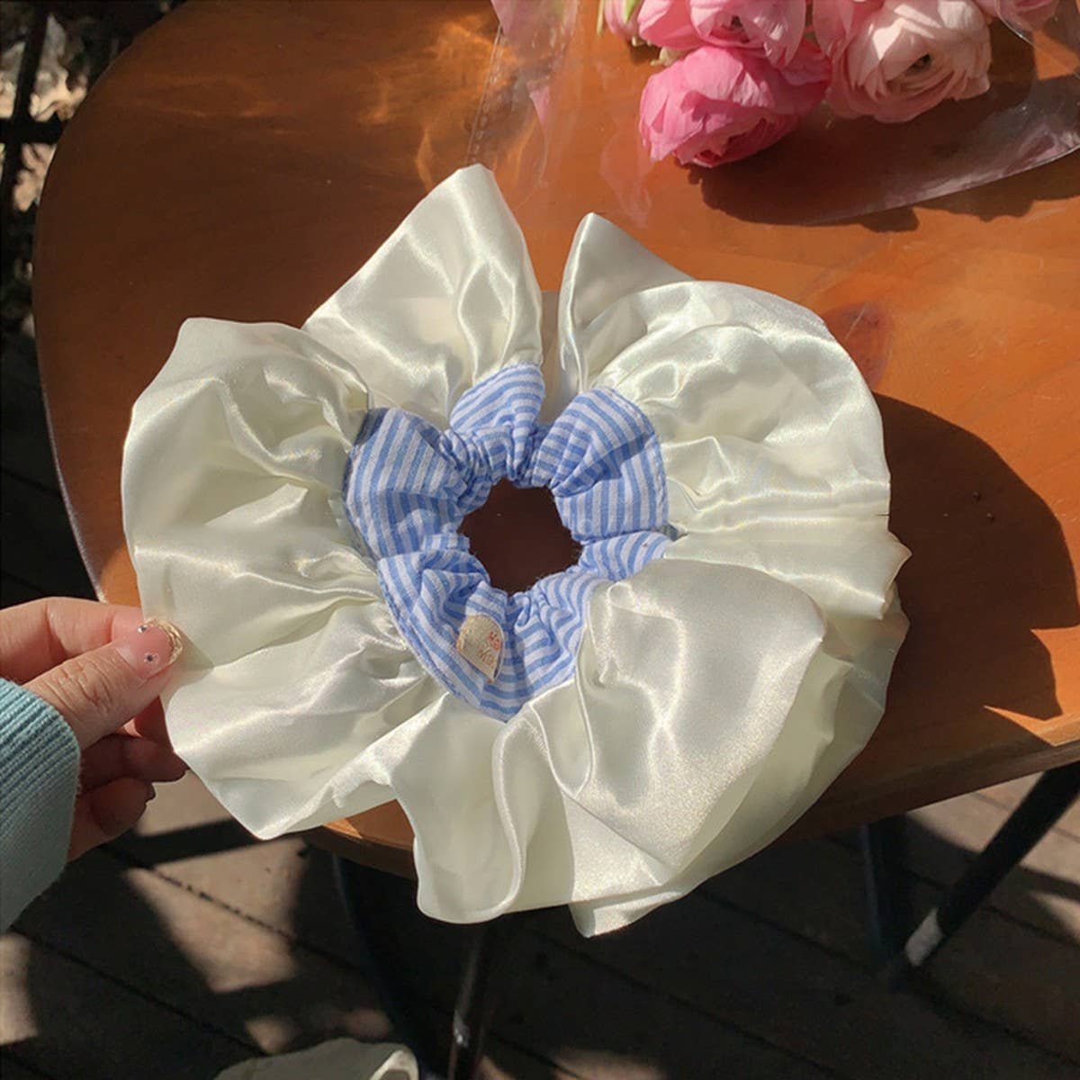 Blue Plaid Satin XL Scrunchie Hair Tie_CWAHA5518