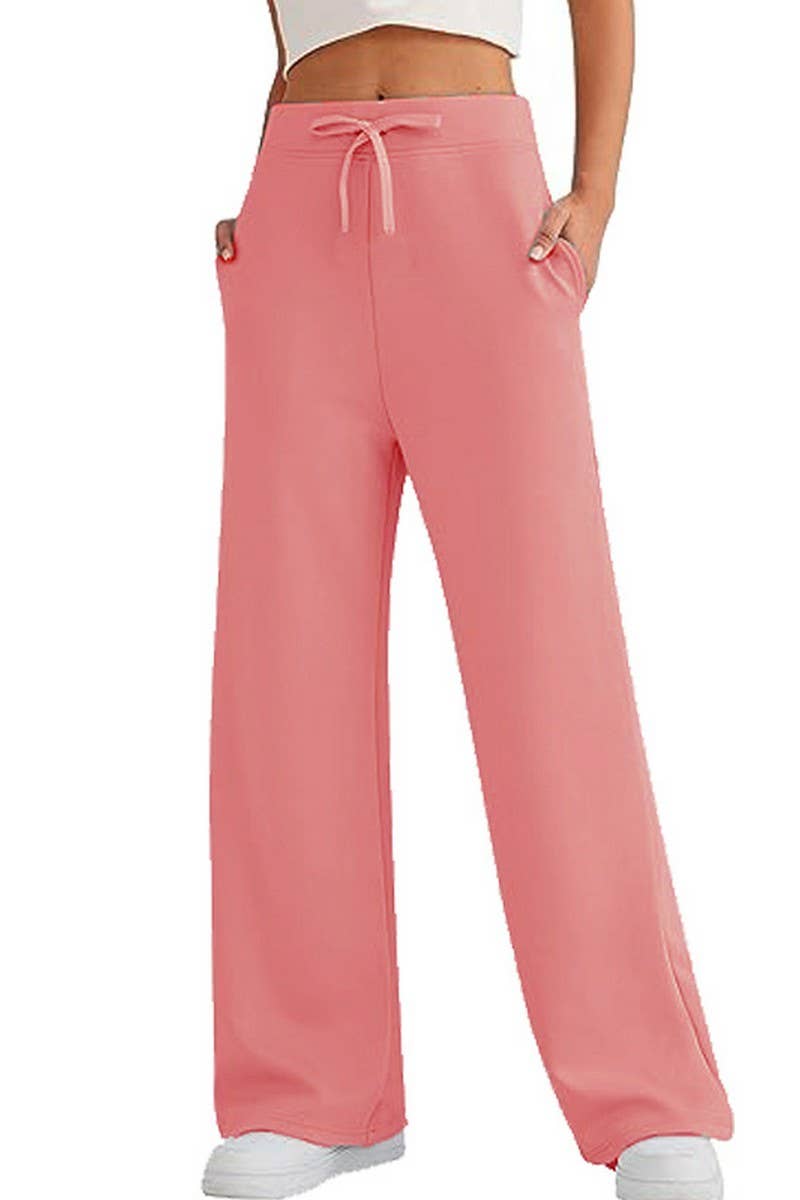 CWBLP0703_SOLID COLOR CASUAL LACE-UP WIDE-LEG SWEATPANTS