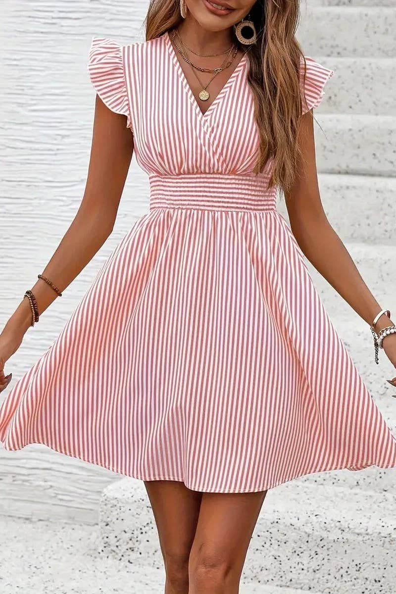 CWDSD8106_SUMMER STRIPED BUTTERFLY SLEEVE DRESS