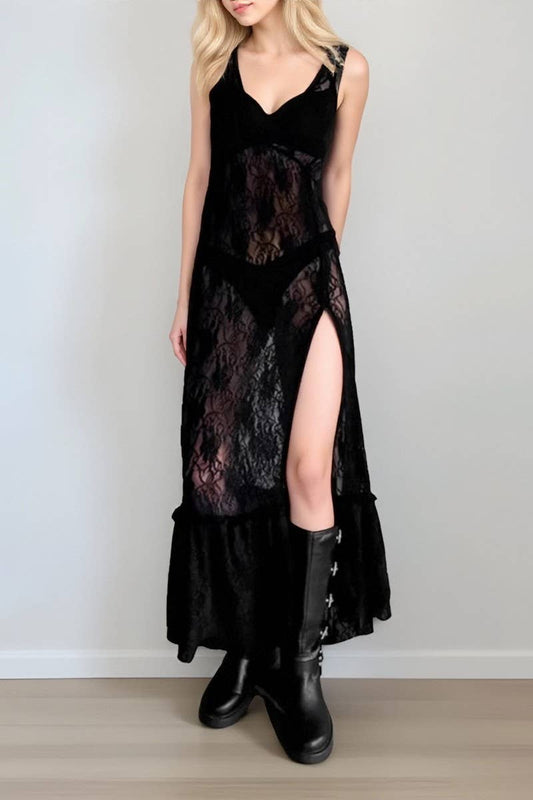 CWDMD955_SHEER LACE V-NECK SLIT SUSPENDER DRESS