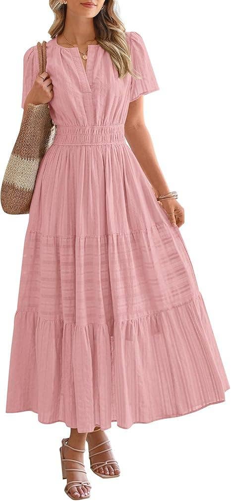 V-neck pleated puffy sleeve short sleeved dress