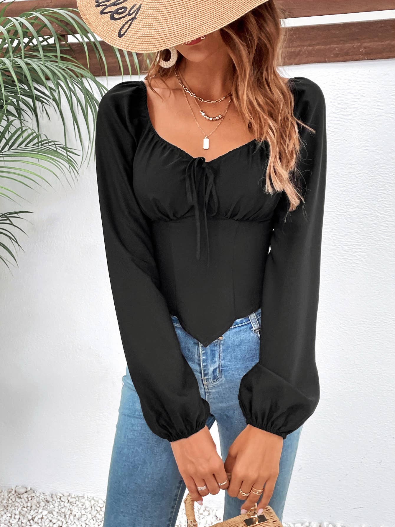 Slimming puffed-sleeve long-sleeved sexy top