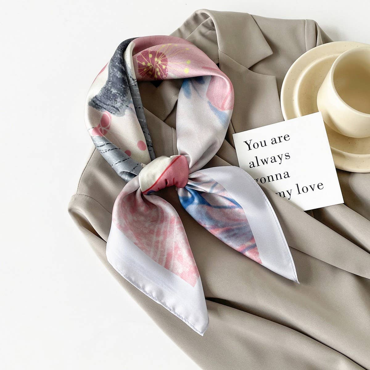 Mint Mambo Style Cartoon Print Satin Square Scarf