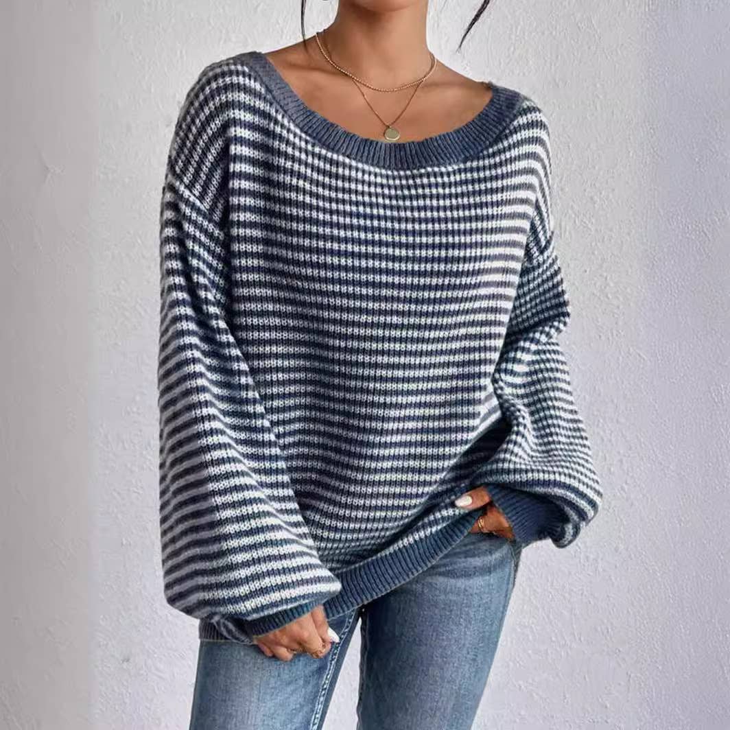 Striped off-the-shoulder sleeve knitted sweater