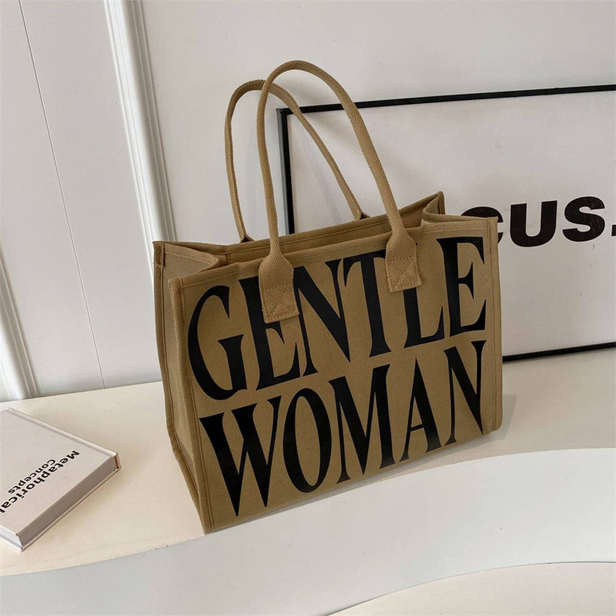 VINTAGE LETTER PRINT TOTE CANVAS BAG_CWAB2681